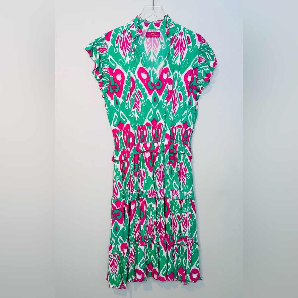 Feather & Find Pink Green Ikat Manifest Peace Midi Tiered Dress Size XL